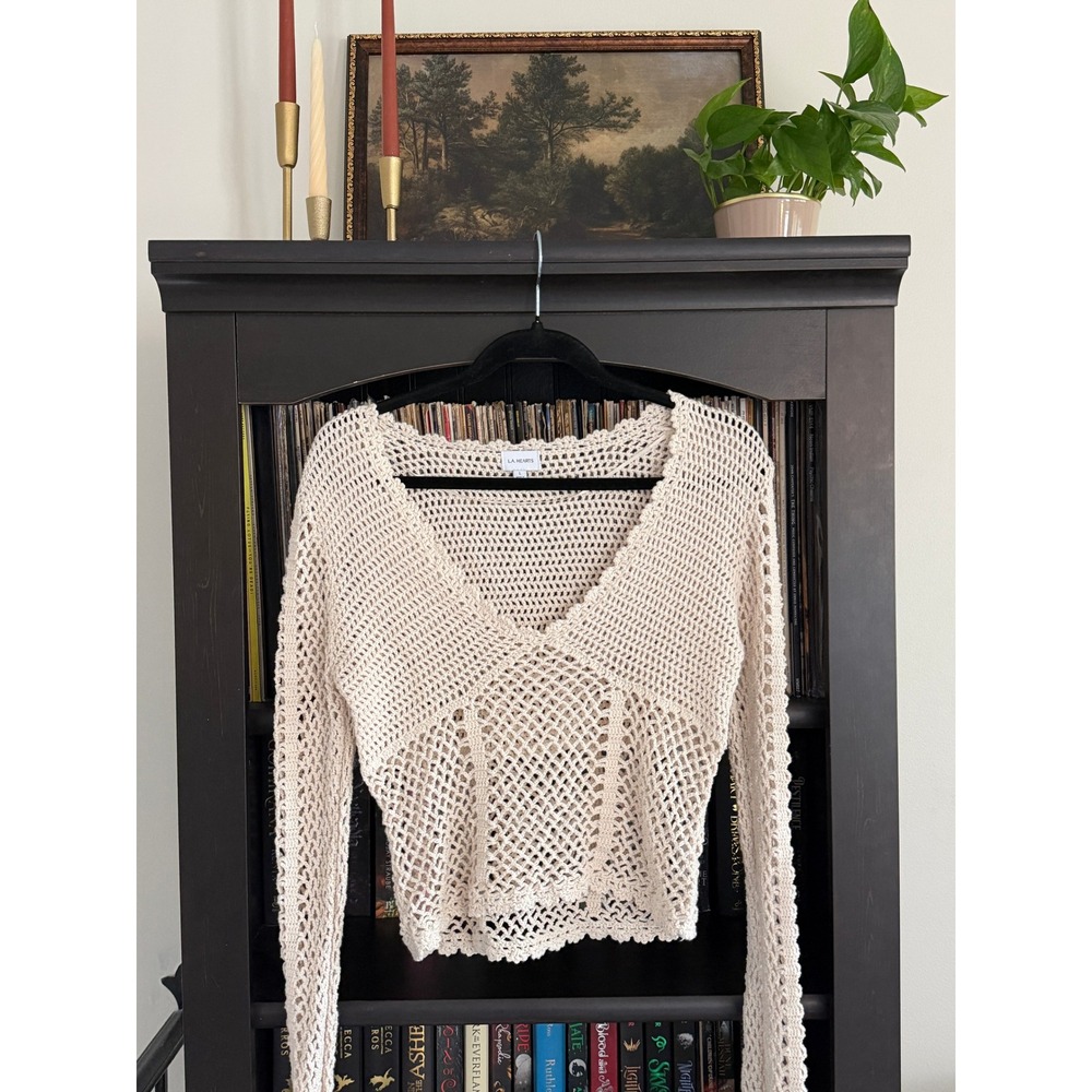 Crochet Sweater Beachy Coastal Large Beige V-Neck Long Sleeve Boho